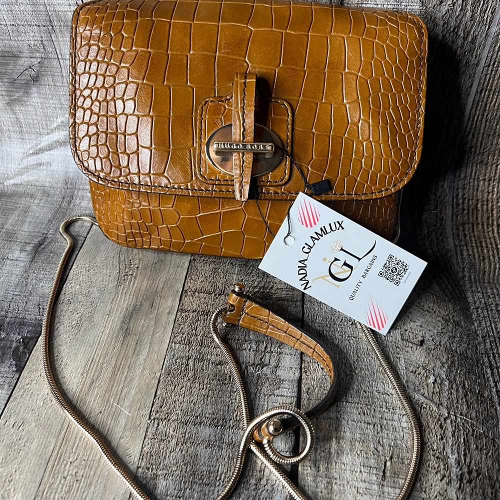 Hugo boss Brown Calfskin Croc-Embossed Crossbody Bag